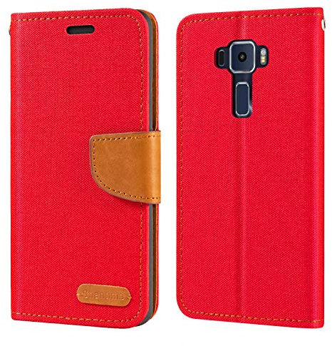 Custodia Flip in Tessuto Oxford e Pelle PU Compatibile con Asus Zenfone 3 ZE520KL, Cover Protettiva con Chiusura Magnetica e Tasche per Carte (Rosso)
