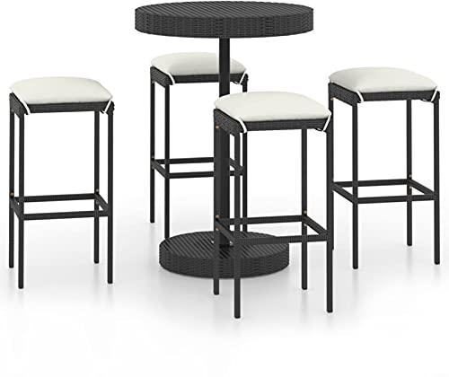 Tidyard 5-TLG. Gartenbar-Set mit Kissen Bartisch mit 4 Barhocker Gartenbar Sitzgruppe Gartenmöbel Theken Hochtisch Barset Stehtisch Gartentheke Barstuhl Poly Rattan Schwarz
