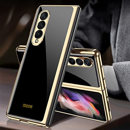 COQUE pour Housse Galaxy Z Fold 3, Brillante Peinte en Verre trempé 9H, Housse de téléphone Pliable pour Samsung Galaxy Z Fold 3 5G-Noir mystérieux