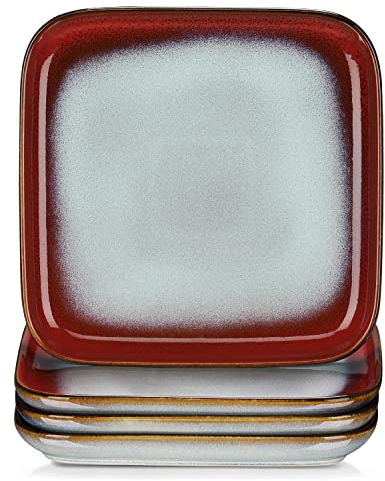 vancasso Stern Square 4-Piece Dessert Plate Set, Reactive Glaze Red 7.3in Salad/Fruit/Snack/Side Plate, Ceramic Crockery in Vintage Look. (18.5x18.5x2cm)