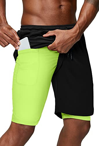 Pinkbomb Men's 2 in 1 Running Shorts Exercise Gym Workout Gym Clothes Quick Dry Mens Shorts with Phone Pocket, Black&green, X-Large