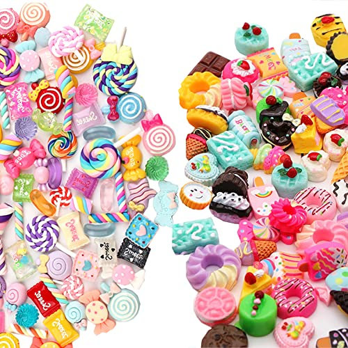 50 Pcs Resin Food Charms Candy Cake Slime Charms Flat Back Craft Charms Flatback Cabochons Buttons Nail Art Charms Scrapbooking Embellishments, Resin, resin