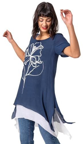 Roman Originals Asymmetric Tunic Top for Women UK - Ladies Tee Shirt T-Shirt Spring Summer Casual Longline Hanky Hem Short Sleeve Round Neck Lightweight Holiday Work T-Shirts - Navy White - Size 10