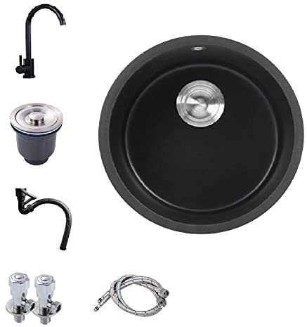 HGTRH Fregadero Cocina Redondo Negro, Fregaderos PequeñOs con Escurridor, Fregadero Bajo Encimera Negro, Fregadero Cocina De Granito PequeñA Fregadero sobre Encimera o Enrasadode