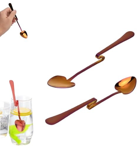 2PCS Coffee Spoons, Heart Shaped Stainless Steel Coffee Latte Spoon Mixing Spoon Tea Spoons Bent Hanging Cup Tea Spoons (Rose Gold)