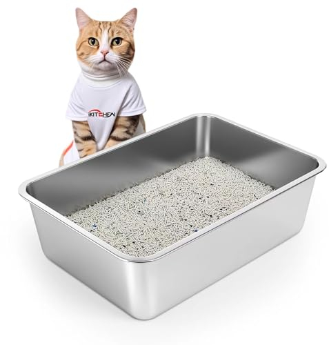 IKITCHEN Stainless Steel Cat Litter Box, Large Metal Litter Box for Cats Rabbits, Never Absorbs Odors,Stain Free, Rustproof, Non Stick Smooth Surface, Anti-slip Rubber Bottom, 19.5L x 13.5W x 8H