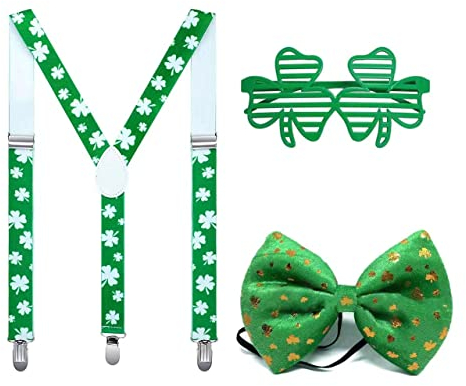 St. Patrick´s Day Costume Accessories 3 Stück Hosenträger Brille Fliege mit Kleemuster Kostüm Accessoire Motto-Party Karneval