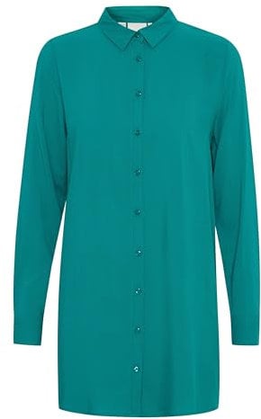 Ichi IHMAIN Damen Langarmbluse Hemd Langes Shirt mit Hemdblusenkragen relaxed fit, Größe:38, Farbe:Quetzal Green (185025)