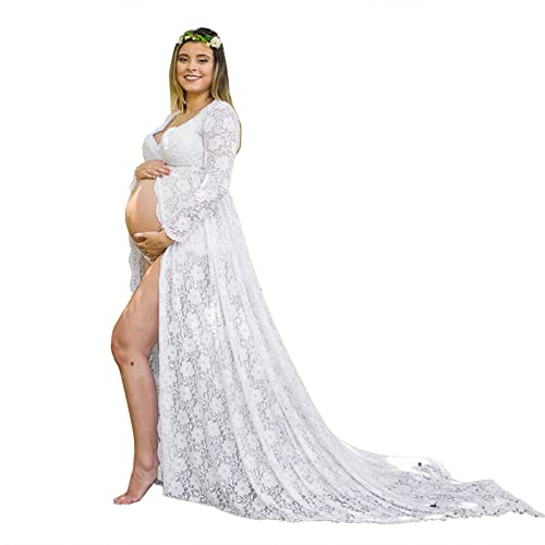 Frauen Schwangere Mutterschaft Fotografie Requisiten Kurzarm Solid Kleid Rustikales Kleid für Frauen (Weiß, M)