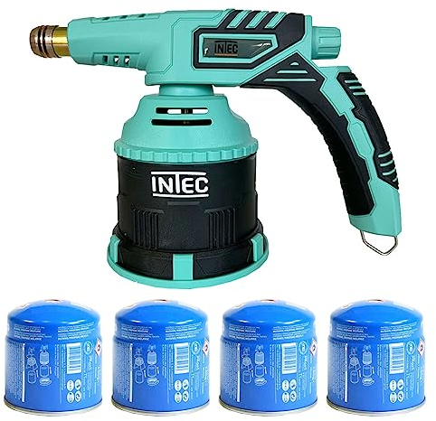 INTEC - Lampe a souder à gaz Chalumeau gaz Allumage piezo 1200 °C pour Cartouche 190 g + 4 cartouches 190gr butane