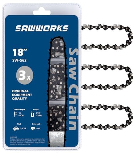 3-Pack 18 Inch Chainsaw Chain, 3/8 LP Pitch .050 Gauge 62 Drive Links Fits EGO CS1800, CS1804, Poulan Pro PR4218, 581562301, Oregon S62, CS1500, DEWALT and More