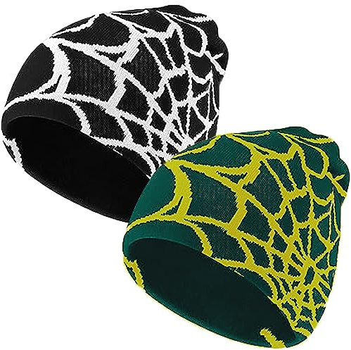Rayson Y2k Mütze mit Grafik Spinnennetz Winter Strickmützen Warme Gehäkelte Mode Casual Beanie für Herren Damen 2er Pack(D)
