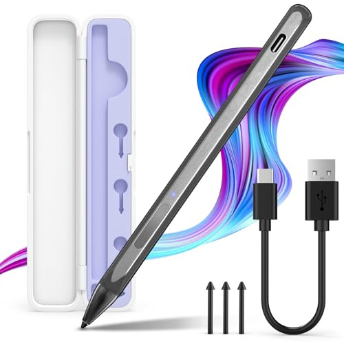 SSS·GRGB Stift für Surface Pro 12–3/X, Go 3–1, Book/Laptop, USB-C, Schwarz | 4096 Druckstufen, Palm Rejection, Neigungsfunktion, magnetisch, Aufbewahrungsbox, Radierer, Rechtsklick, 80 Std. Laufzeit