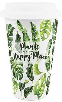 Reusable Ceramic Travel Mug - Plants are My Happy Place - Silicone Lid Double-Walled Insulated Hot/Cold Drinks Tea Coffee Gift Mug