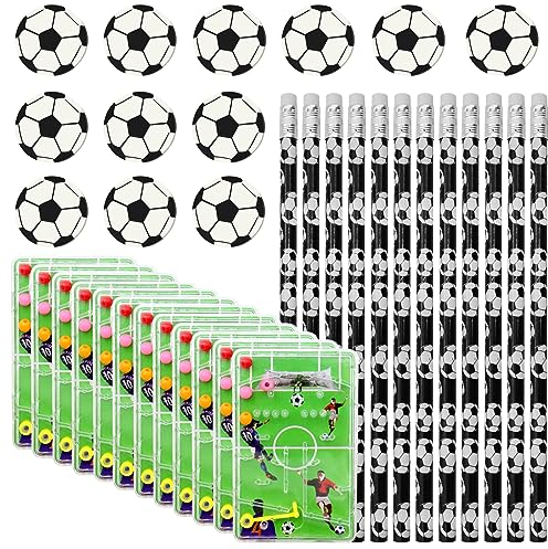 12 Stück Fußball Mitgebsel Bleistifte und 12 Stück Kunststoff Fußball Radiergummi 12 Stück Flipperspiel Fußball Spielfeld Fussball Deko Geburtstag Kinder Bleistifte mit Radiergummi für Schule