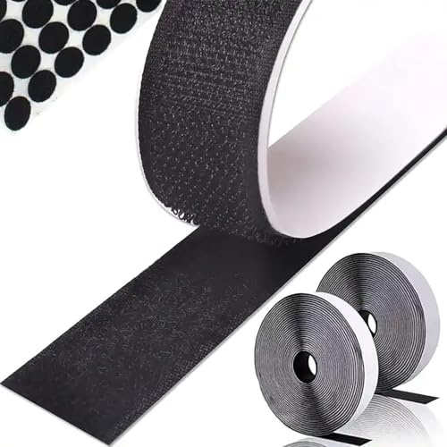 HOMENATUR Cinta Adhesiva Gancho y Bucle, 20mm x 20m, Negro | Kit extrafuerte con rollo de gancho, rollo de bucle y 50 puntos redondos para mosquiteras, hogar y manualidades.