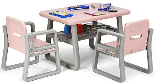 GYMAX Kids Table and Chairs Set, Toddler Activity Table with 2 Chairs & Storage Shelf, 3 Pcs Plastic Children Table Chair Set for Boys Girls Playing Reading Drawing Eating (Pink+Gray)