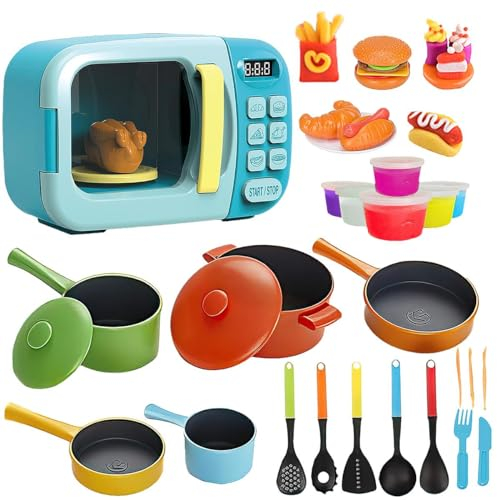 koolbitz Kids Microwave Kitchen Sets Pretend Role Play Set for Boys Girls Cooking Accessories Kit Toys Food and Pans with Working Realistic Blue Microwave Light Sound Auto Spin Toy