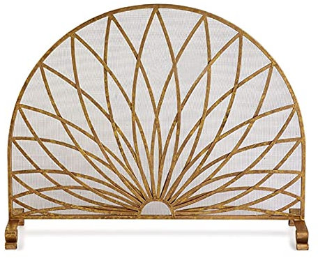 LIDDFAFA Kaminschirme, Halbrunder Kaminschirm für Funken, Glut, Gold, 98 x 78 cm, Feuerstelle, Funkenschutz mit Beinen, 3-teilige Kindersicherheitstür Journey