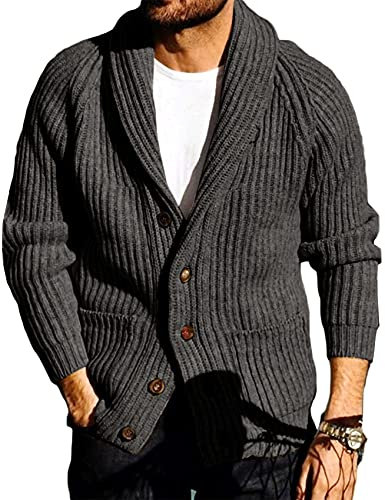Runcati Mens Cardigan Knitted Chunky Jacket Shawl Collar Cable Knit Loose V Neck Knitwear Outerwear, Dark Grey, M