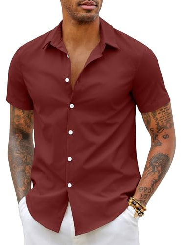 COOFANDY Men's Dress Shirts Short Sleeve Shirt Casual Shirt Slim Fit Formal Shirts Non Iron Work Shirt Summer Shirt Plain Shirts for Men Button Up Office Shirts Wine Red 3XL