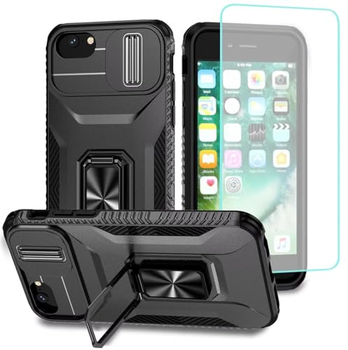 Wanyuexes Case for iPhone SE 2022/SE3 2022/SE 2020/iPhone 7/8/iPhone 6S/6 Case with Tempered Glass Screen Protector and Slide Camera Cover, Rotated Ring Car Mount Holder Phone Cover for iPhone 8 Black