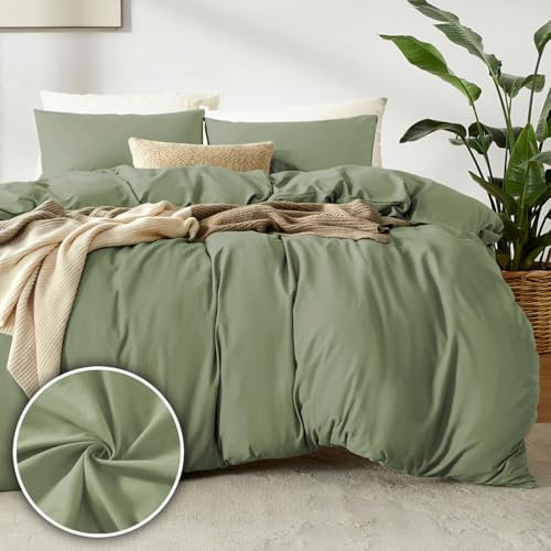 puredown 1PCS Copripiumino Singolo 135x200cm+ 1PCS Federe in Microfibra 80x80cm, Set di Copripiumino Monocromatica per Letto Singolo, Traspirante, Morbida, Oeko-Tex, Verde oliva