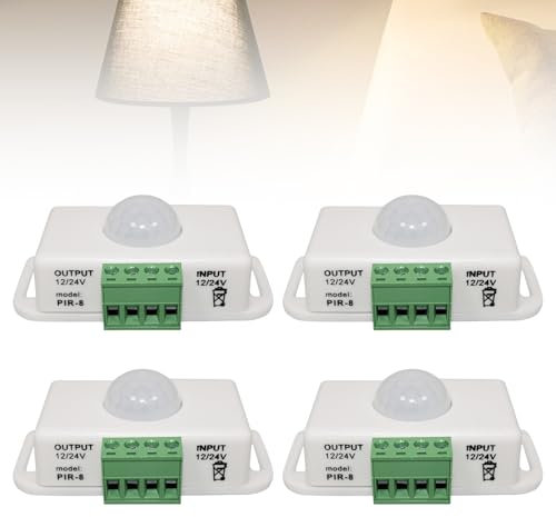 4 Stück Koerper Infrarot PIR Sensor, DC 12V 24V Infrarot Sensor Schalter Automatik Bewegungsm Aussen Bewegungsmelder Schalter für LED Streifen/Leuchtmittel, Weiß