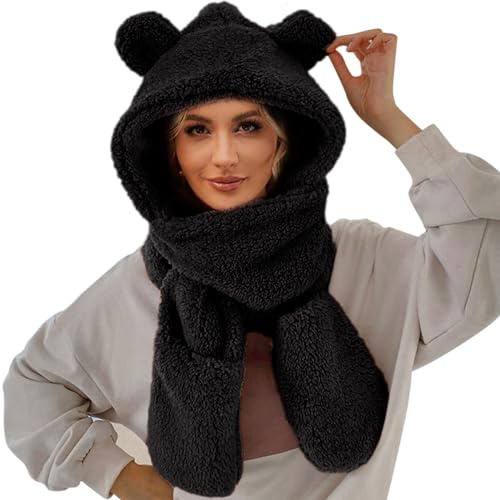 MüTzen Set Damen Winter Winter Niedliche Ohr Warme Mütze Frauen Plüsch Earflap Hut Winddichte Kappe Hut Mit Ohren Und Kapuze Hut Schal 2 In 1 Kapuzenschal Für Frauen Damen MüTze Mit Schal