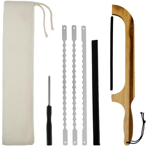 LuLobtg Bread Bow Knife with 3x Stainless Steel Serrated Blades Ergonomic Wood Handle Bread Saw Knife 11'' Serrated Bread Bow Cutter Sourdough Bread Bread Slice for Crusty Bread, Pastry, Cake(1set)