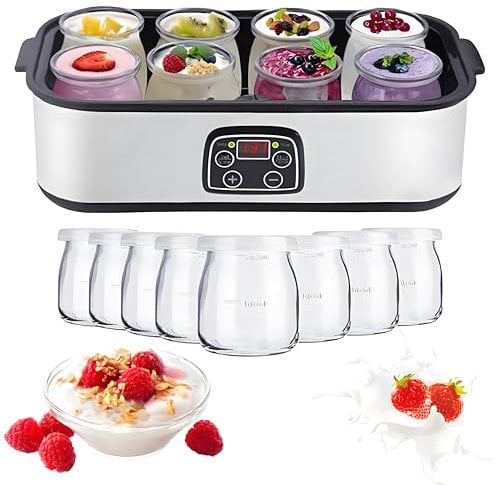 Electric Yoghurt Maker with 8 Glass Jars, 1400ml Automatic Yogurt Maker, Adjustable Time & Temp Control Yogurt Maker Machine, LED Display 48 Working Hours Yogurt Makers