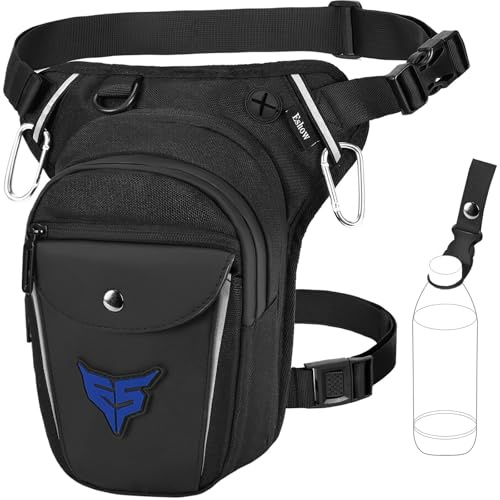 Eshow Sacoche de Jambe Moto Capacité Extensible, Sac Banane Femme Homme avec Bande Réfléchissante, 1 Clip à Gourde, 2 Mousquetons pour Randonnée Pêche