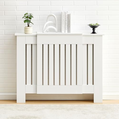 TUKAILAi Extendable Radiator Cover 75-105cm Length Adjustable Wooden Radiator Shelf Protection Vertical Slat Cabinet Girll for Living Room Bedroom Office White Large