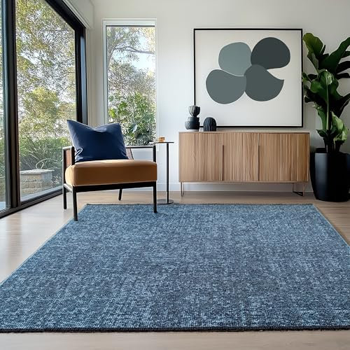 HomebyHome Baumwolle Chenille Teppich Blau 160x230 cm Waschbar, Boho-Stil, Vintage Kelim, Kurzflor, rutschfest & Weich, Einfarbig Meliert, Für Wohnzimmer, Schlafzimmer, Büro & Küche