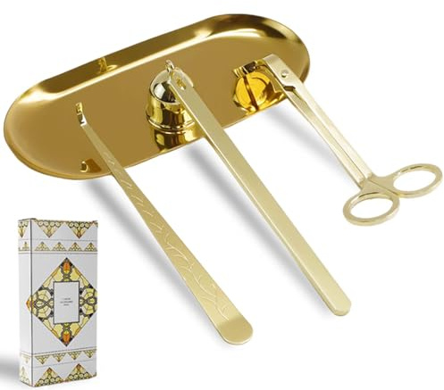 HMIEPRS 4-in-1 Kerzenzubehör Set, Kerzenpflege Werkzeuge mit Ablageplatte, Kerzenlöscher und Dochttaucher & Dochtzieher, Edelstahl Kerze Werkzeuge Zubehör für Kerzenliebhaber (Gold)