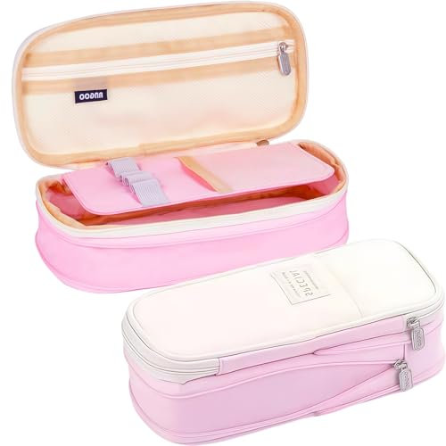 MUNSKT Trousse Scolaire Extensible, Trousse Scolaire,Trousse à Crayons zippée en Toile, à Crayons école Papeterie Organisateur Trousse à Maquillage pour Filles Garçons étudiants Enfant Adultes (Rose)