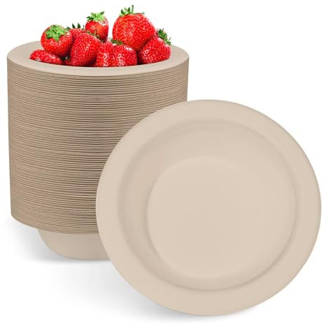 Rynvarl 50 Cuencos de Papel Biodegradables –350ml, Cuencos Desechables Compostables para Fiestas, Catering y Picnic – Resistentes al Calor y a la Grasa – Aptos para Alimentos, Sin BPA – Color natural