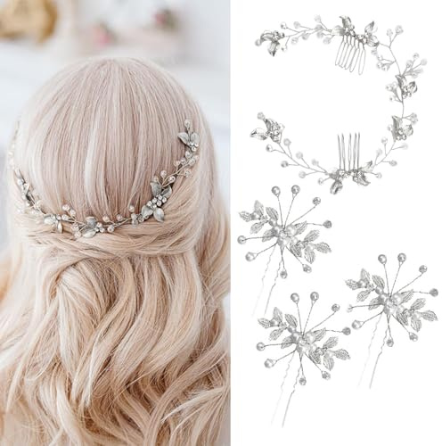 XFSRG 4 Pezzi Accessorio per Capelli da Sposa Pettini per Capelli da Sposa e Forcine a U con Strass Perla Nuziale Decorativo Cerchietto Festa di Nozze per Donne e Ragazze (Argento)
