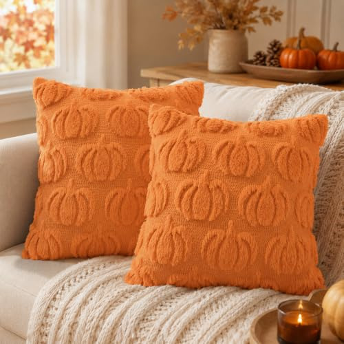 Divove 2 Stück Kürbis Kissenbezug 40x40cm, Herbst Kissenbezug, Dekokissen,Dekokissen für Halloween, Outdoor Kissen Bezüge für Wohnzimmer Schlafzimmer Sofa Stuhl Wohnkultur (Orange)