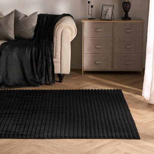 OHS Black Rugs for Living Room, Faux Fur Ribbed Area Rugs for Bedroom Home Decorative Super Soft Comfy Modern Anti Slip Low Pile Small Floor Carpet Non Shedding, 80 x 150cm