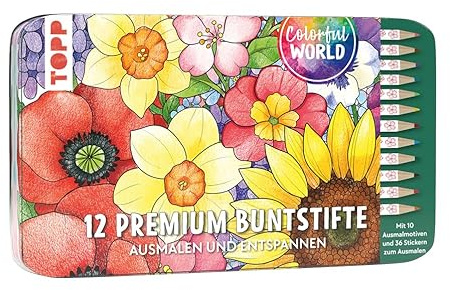 Colorful World Designdose mit 12 Buntstiften: 12 Premium Buntstifte mit weichen Minen, 10 Ausmalbilder und 36 Ausmalsticker in Designdose