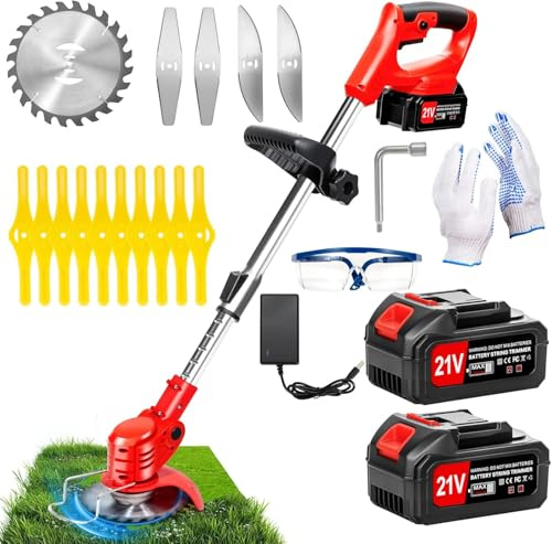 Akku-Rasentrimmer, Teleskop Leichtgewicht Rasentrimmer mit 2 x 21V Lithium-Batterie, Metallklinge Rasentrimmer mit 3 Arten von Klingen, 90° Kopfdrehung, einziehbar, geeignet für Garten Rasen