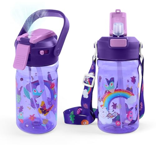 Foyucool 600ml Borraccia Sportiva per Scuola & Tempo Libero, Unicorno Viola | Ermetica con Funzione Spray & Cannuccia Sport, Bottiglia Robusta per Bambini, Ideale per Zaino & Bici