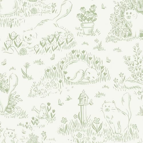 Yomshi Peel and Stick Wallpaper Green Cats Mailboxes and Botanical Wall Paper Roll 44 x 300 cm Boho Lovely Contact Paper for Drawers Walls Bedroom Bathroom Easy to Cut Renter Friendly