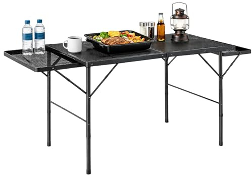 GreenWhim Folding Camping Table with Mesh Top Portable Outdoor Picnic BBQ Table with Carry Handle Adjustable Height Steel Frame 30kg Load for Outdoor Home Garden