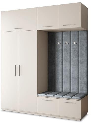 Masseno Flugarderoben Set Rema, Kleiderschrank-Set mit Sitzbank, Garderobenschrank Flur mit 5 Regalböden, Kaschmir