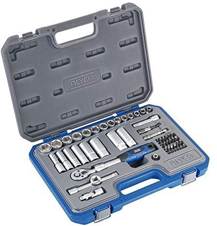 Alyco 192287 - Juego 54 piezas llaves de vaso 3/8 + carraca extensible + adaptadores + puntas en maletin plastico