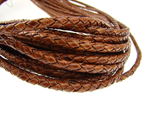 esnado - Cordon rond en cuir tressé, 4 mm Marron clair vieilli - Longueur au choix, Cuir, Marron clair vieilli, 3 mètres