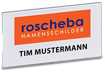 100 x Klassische Namensschilder aus Hartfolie (Marke: roscheba®), 75 x 42 mm, (Befestigung: Magnet), Made in Germany, Staffelpreise - Namensschilder inkl. Papiereinlagen