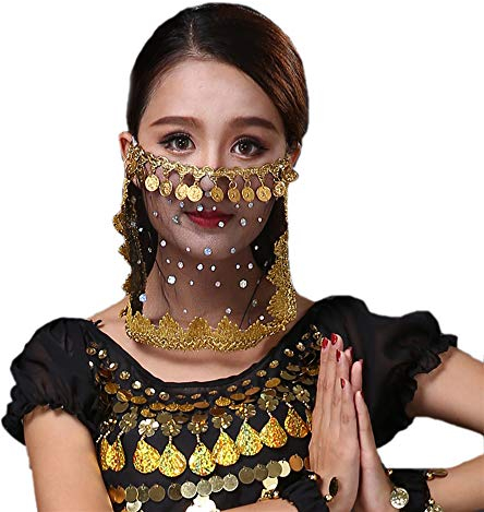 Lauthen.S Frauen Bauchtanz Tribal Gesicht Schleier mit Münzen Halloween Kostüm Zubehör Schwarz